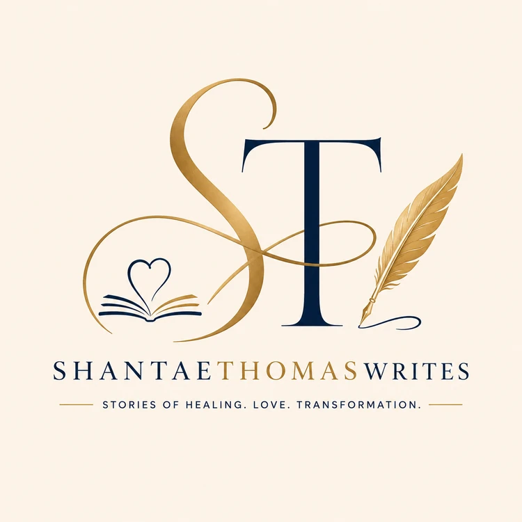 Shantae Thomas Writes logo with gold and navy ST monogram