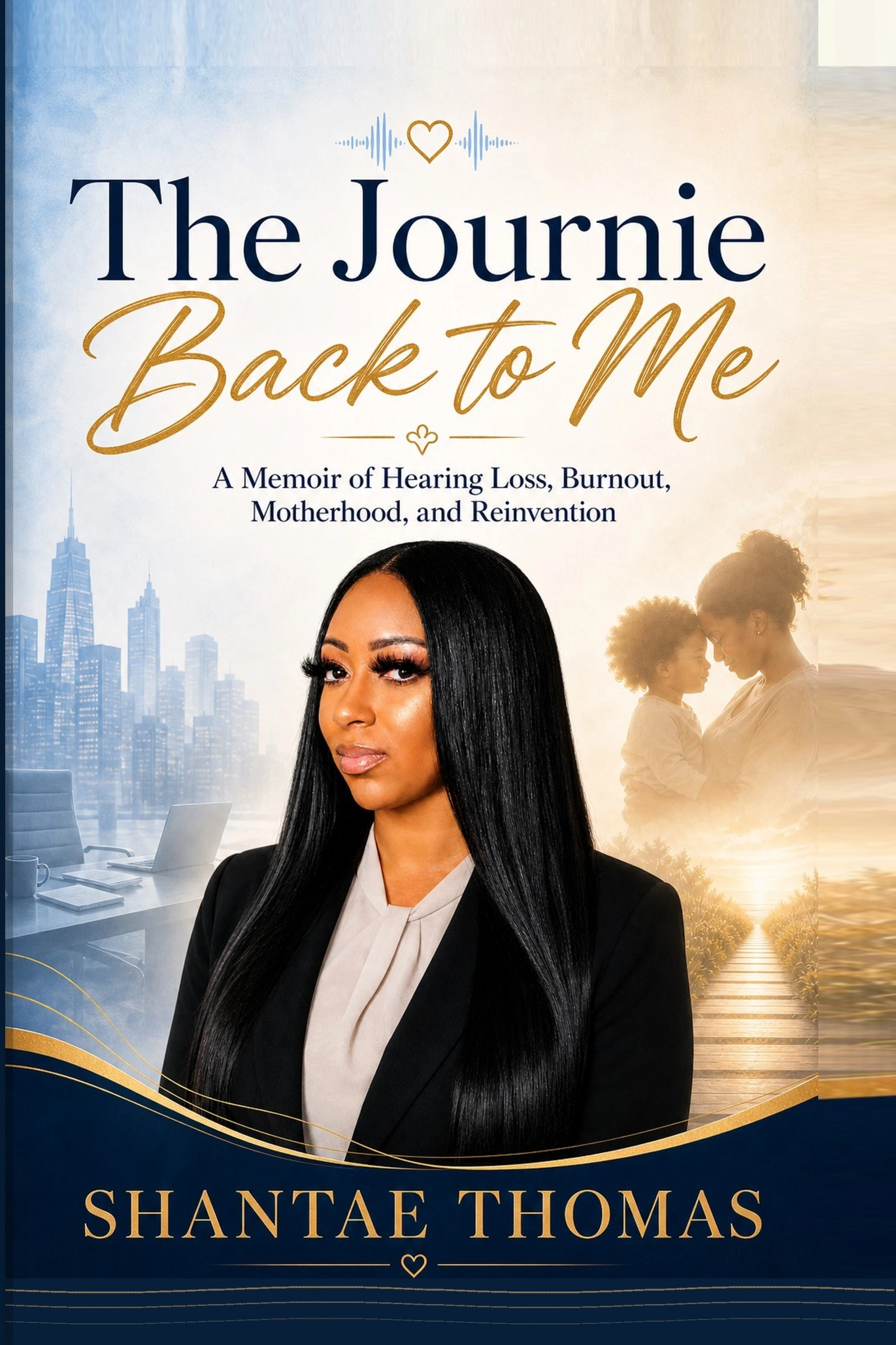 The Journie Back to Me official memoir cover from the author’s supplied ebook, featuring her portrait, city skyline, mother and child, navy and gold detailing